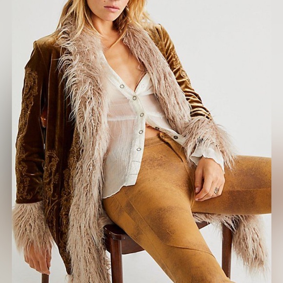 Free People Jackets & Blazers - Free People Moon Glow Velvet Coat Jacket Gold Rust Fur Trim Size Large